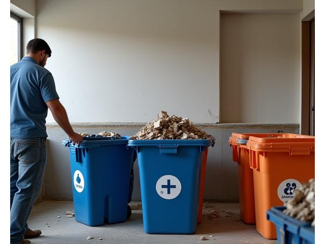 Construction site showing clearly separated bins for recycling different types of construction waste, symbolizing responsible green building practices.